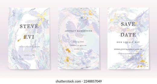 Fondo vectorial del conjunto de acuarelas azules. Diseño Resumen de Bodas de Flores. Spray de lujo de oro sobre textura de mármol acuarela. Estilo Mínimo De Los Tonos Fríos Pastel. Arte para impresiones y tarjetas de invitación.