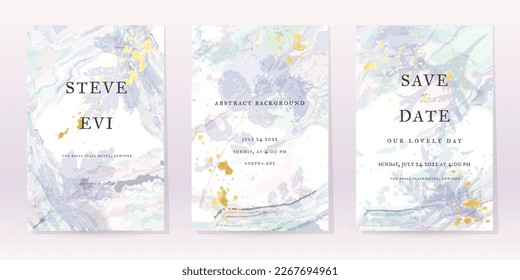 Blue Watercolor Set Vector Background. Flower Wedding Abstract Design. Gold Luxury Spray on Watercolor Marble Texture. Pastel Cold Tones Minimal Style. Art For Prints and Invitations Cards.