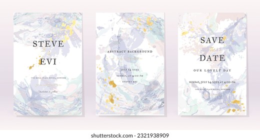 Blue Watercolor Set Vector Background. Flower Wedding Abstract Design. Gold Luxury Spray on Watercolor Marble Texture. Pastel Cold Tones Minimal Style. Art For Prints and Invitations Cards.