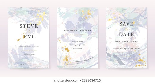 Fondo vectorial del conjunto de acuarelas azules. Diseño Resumen de Bodas de Flores. Spray de lujo de oro sobre textura de mármol acuarela. Estilo Mínimo De Los Tonos Fríos Pastel. Arte para impresiones y tarjetas de invitación.