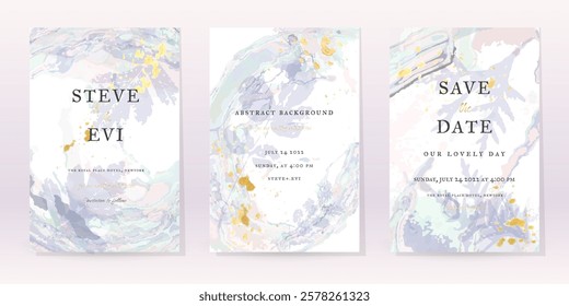 Blue Watercolor Set Vector Background. Flower Wedding Abstract Design. Gold Luxury Spray on Watercolor Marble Texture. Pastel Cold Tones Minimal Style. Art For Prints and Invitations Cards.