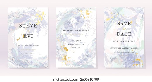 Blue Watercolor Set Vector Background. Flower Wedding Abstract Design. Gold Luxury Spray on Watercolor Marble Texture. Pastel Cold Tones Minimal Style. Art For Prints and Invitations Cards.