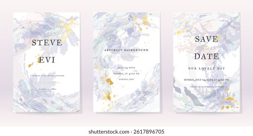 Blue Watercolor Set Vector Background. Flower Wedding Abstract Design. Gold Luxury Spray on Watercolor Marble Texture. Pastel Cold Tones Minimal Style. Art For Prints and Invitations Cards.
