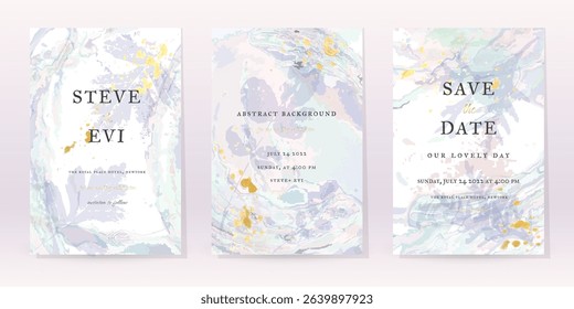 Blue Watercolor Set Vector Background. Flower Wedding Abstract Design. Gold Luxury Spray on Watercolor Marble Texture. Pastel Cold Tones Minimal Style. Art For Prints and Invitations Cards.