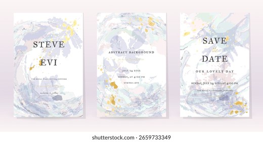 Blue Watercolor Set Vector Background. Flower Wedding Abstract Design. Gold Luxury Spray on Watercolor Marble Texture. Pastel Cold Tones Minimal Style. Art For Prints and Invitations Cards.