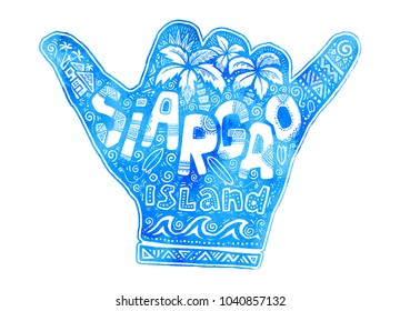 Blue watercolor shaka hand symbol with white lettering Siargao island inside