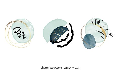 Blue watercolor shape set , abstract minimalist design painting with gold texture strokes in vector 