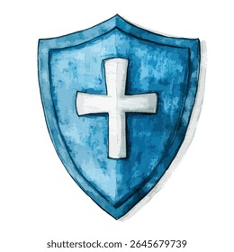 Um escudo de aquarela azul com uma cruz branca no centro, sugerindo proteção e fé. O escudo tem uma aparência texturizada.