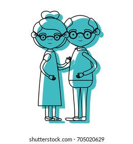 blue watercolor silhouette of full body couple elderly of grandmother with collected hair in dress and bald grandfather with glasses vector illustration