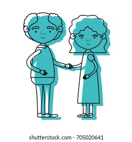 blue watercolor silhouette of full body couple elderly of bald grandfather with grandmother with wavy hair in dress vector illustration