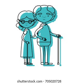 blue watercolor silhouette of full body couple elderly in walking stick of grandmother with bun side hair in dress and bald grandfather with glasses vector illustration