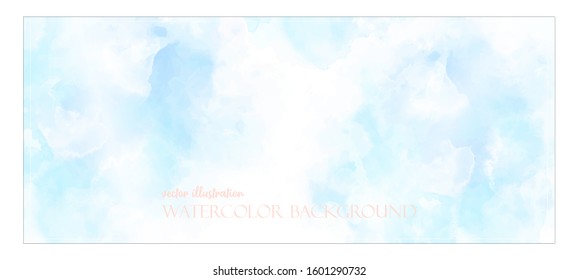 Blue Watercolor sky. Banner with free space for your graphics, subtitles. Cyan colors illuminated by the rays of the bright sun. Vector illustration Delicate and subtle, ethereal. Realistic clouds.