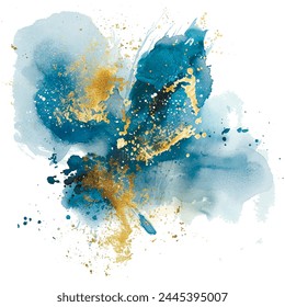 Blue Watercolor Splash Splatter Stain Brush Stroke With Gold Glitters, Wet Effect On White Background. Modern Glittery Aquarelle Spot. Trendy Isolated Blot On White. Vector Watercolor. Element.