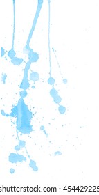 Blue watercolor splashes and blots on white background. Ink painting. Hand drawn illustration. Abstract artwork. 