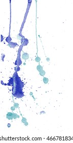 Blue watercolor splashes and blots on white background. Ink painting. Hand drawn illustration. Abstract artwork. 