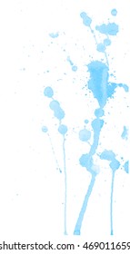 Blue watercolor splashes and blots on white background. Ink painting. Hand drawn illustration. Abstract artwork. 