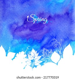 Blue watercolor spring vector background with white leaves silhouettes