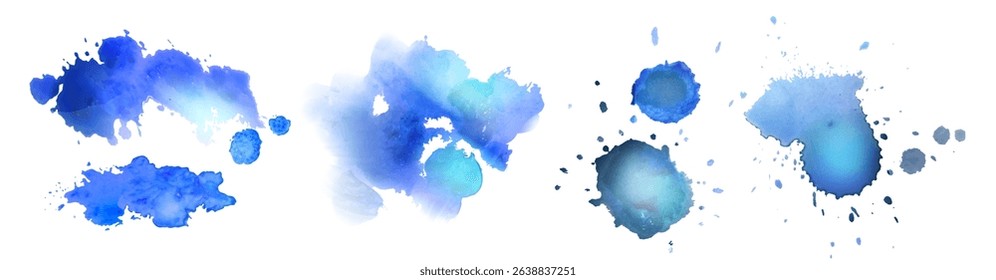Blue watercolor stains and splatters set - vivid azure paint blobs, indigo liquid splashes, bright spots, turquoise aquarelle blots. Abstract wet brush strokes for artistic background or banner design