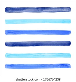 Blue watercolor stripes, long brush strokes decoration, pattern. Hand drawn watercolour textured uneven streaks, bars, text background. Water, marine graphic design elements, painted banner template 