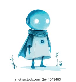 A blue watercolor style robot stands facing forward, wearing a cape and scarf, with glowing white eyes and small plants at its feet.