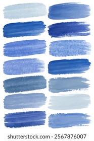 Blue watercolor swatches, artistic brush strokes, textured backgrounds, versatile design elements, creative color palette.