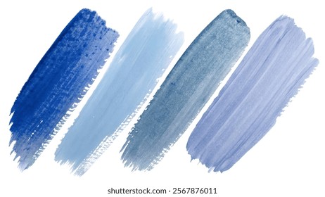 Blue watercolor swatches, artistic brush strokes, vibrant color palette, creative design elements, abstract art style.