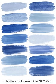 Blue watercolor swatches, textured brush strokes, artistic background, creative design elements, versatile color palette.