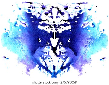 blue watercolor symmetrical Rorschach blot on a white background