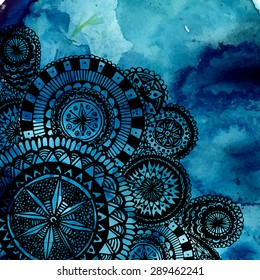 Blue watercolor texture with black hand drawn mandalas - round doodle tribal elements. Stained-glass window. Vector ethnic design.