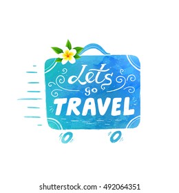 Blue watercolor texture vector running suitcase silhouette with white lettering - Lets go Travel and white Bali flower