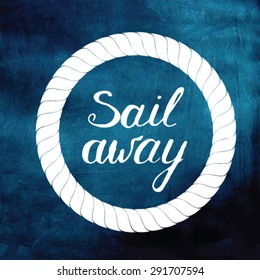 Blue watercolor textured background and white label Sail away