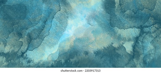 Blue Watercolor Vector Art Background For Cards, Flyer, Poster, Banner And Cover Design. Clouds, Heaven, Sky. Hand Drawn Illustration For Your Design. Watercolour Texture. Grunge Backdrop.