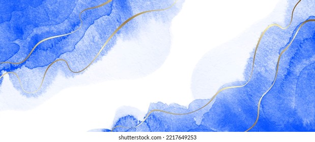 Blue watercolor vector art background for cover design, cards, flyer, poster, banner. Hand drawn Christmas illustration for your design. Blue and gold lines. Watercolour texture. Abstract backdrop.