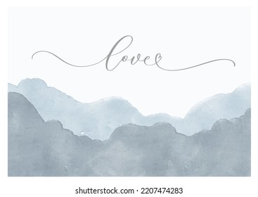 Fondo vector de color azul con caligrafía Amor. Afiche de fondo de manchas cuadradas de pintura de mano abstracta