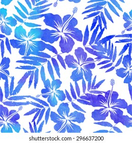 Blue watercolor vector hibiscus seamless pattern