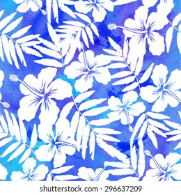 Blue watercolor vector hibiscus seamless pattern