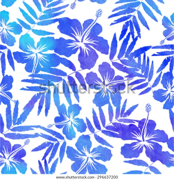 Blue Watercolor Vector Hibiscus Seamless Pattern Stock Vector (Royalty ...