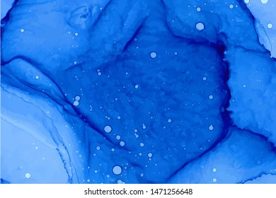 Blue watercolor wallpaper vector background. Hand drawn ultramarine texture with white splashes, drops. Splattered aquarelle abstract backdrop. Realistic paint drops and indigo shades drawing