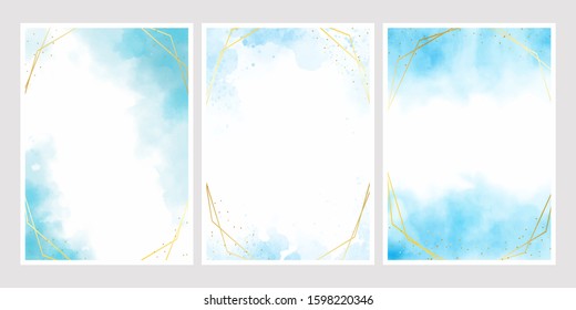 blue watercolor wash splash with golden frame 5x7 invitation card background template collection