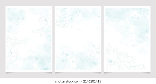 blue watercolor wash splash line art peony flower bouquet frame 5x7 invitation card background template collection digital painting