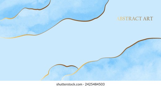 Blue watercolor wash, texture, background with golden lines. Abstract marble surface.