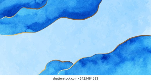 Lavado de acuarela azul, textura, fondo con líneas doradas. Superficie de mármol abstracto.
