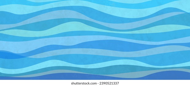 Blue watercolor waves background. Ocean abstract waves vector lines wallpaper. Blue sea illustration for background. Striped background with watercolor texture.