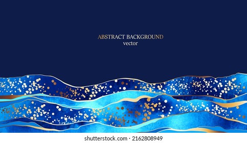 Blue watercolor waves with golden lines, splatters. Chic, elegant background design for card, invitation, cover. 