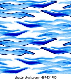 Blue watercolor waves on white with black.Hand drawn seamless background.Creative hand made brushed watercolor design.