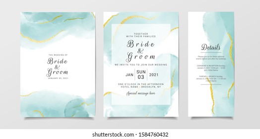 Blue watercolor wedding invitation card template set with gold glitter. Abstract background save the date, invitation, greeting card, multi-purpose vector