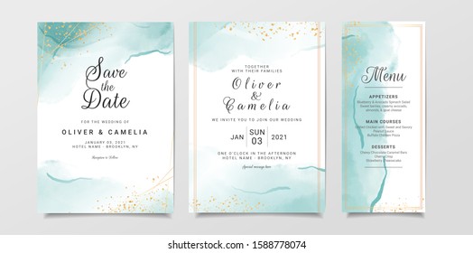 Blue watercolor wedding invitation card template set with gold glitter and line decoration. Abstract background save the date, invitation, greeting card, multi-purpose vector