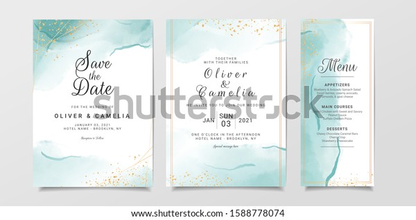 Blue watercolor\
wedding invitation card template set with gold glitter and line\
decoration. Abstract background save the date, invitation, greeting\
card, multi-purpose\
vector