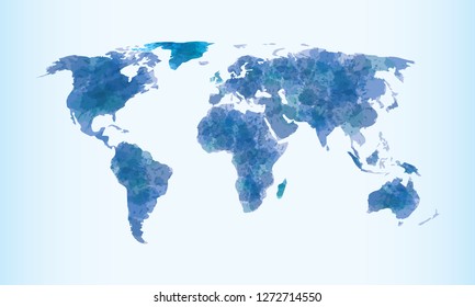 Blue watercolor world map vector illustration with different continents of the globe in light background