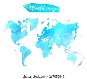 Blue watercolor world map. Vector artistic illustration.
